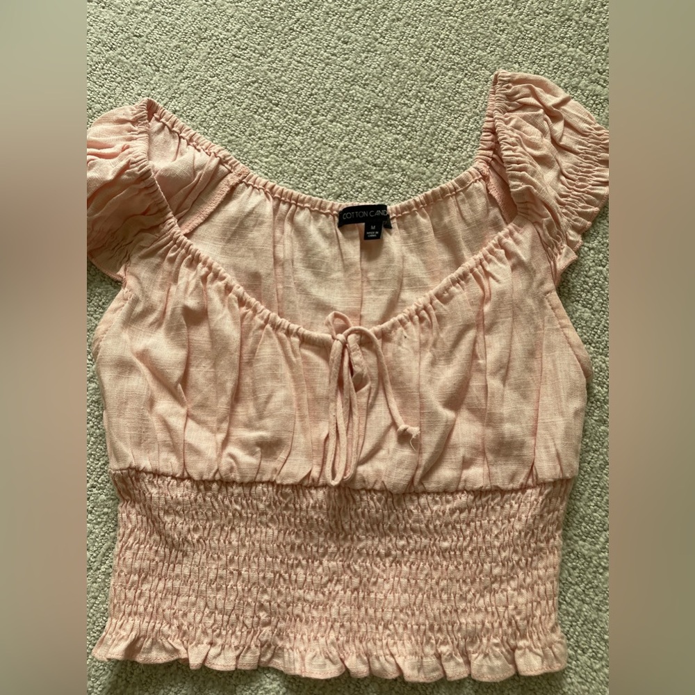 Women's pink and white ruffled cropped tee